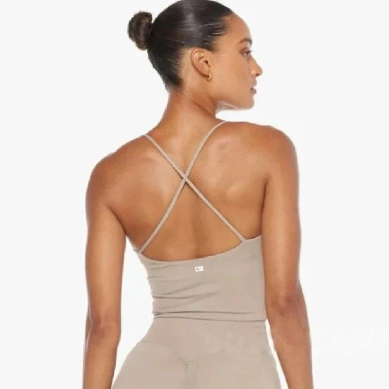 2026CSB Criss Cross Back Padded Cami Tank Top High Waist Biker Shorts Leggings Women Gym Pilates Workout Yoga Active Sportswear