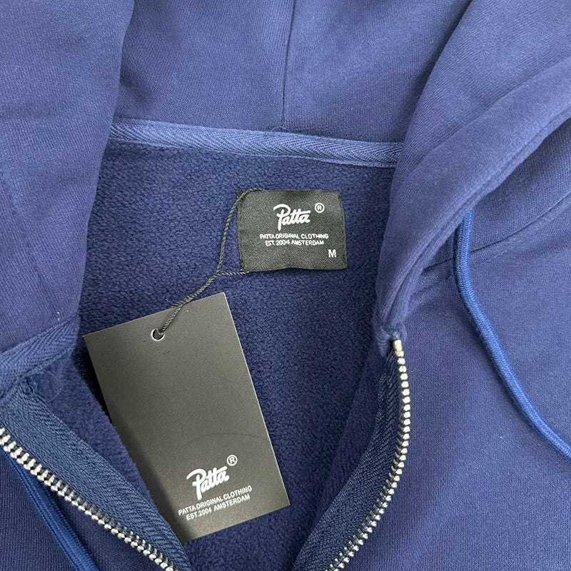 High Quality Cotton Men Women Couple Blue Black Gray Zipper Coats Hooded Simple Small Letters Logo Print PATTA Zip Hoodie Tag - ATFH