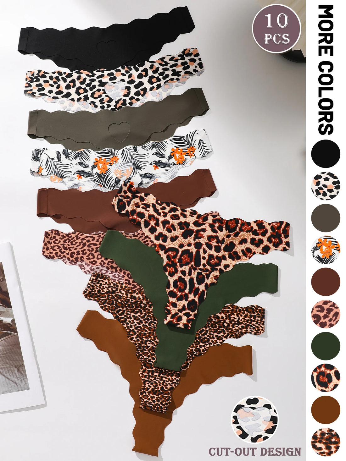 10PCS Cutout Heart Wavy Edge Thongs, Leopard & Floral Print Seamless No Show Underwear