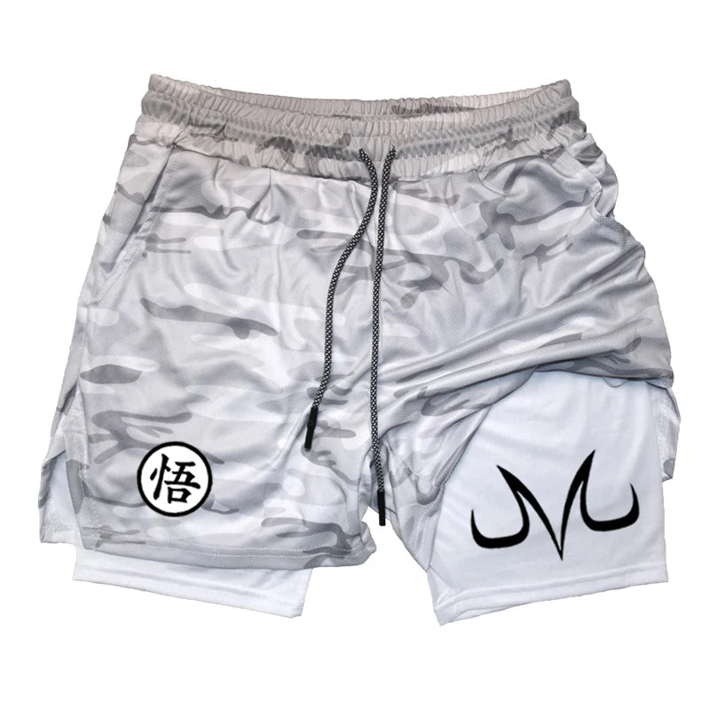 Fashionable men's printed fitness shorts, casual gym exercise, sports, quick drying knitting, double-layer, 2-in-1, summer, bran