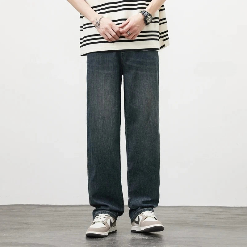 Good Quality Summer Cosy Soft Lyocell Fabric Men's Jeans Loose Wide Leg Pants Elastic Waist Thin Casual Y2K Trousers Plus Size ATFH