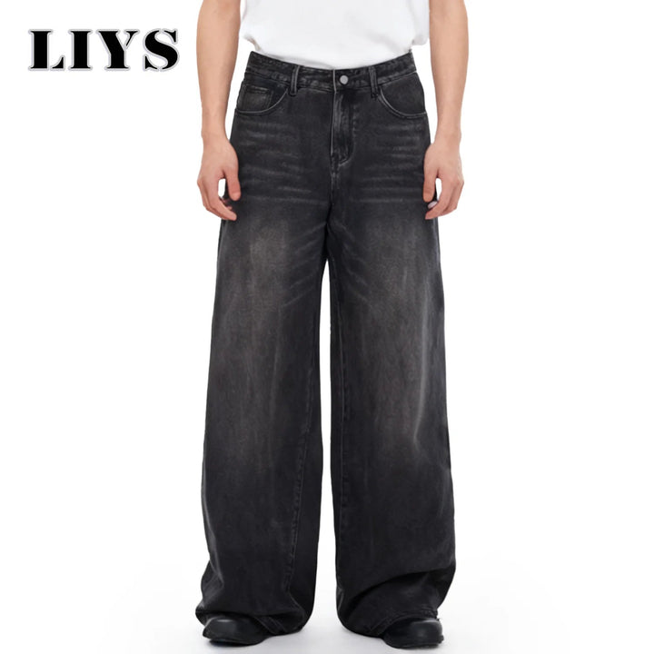 Four Season Men's Jeans Korean Version Student Casual Pant American Retro Gray Black Loose Wide Leg Jean Baggy Men's Denim Pants ATFH