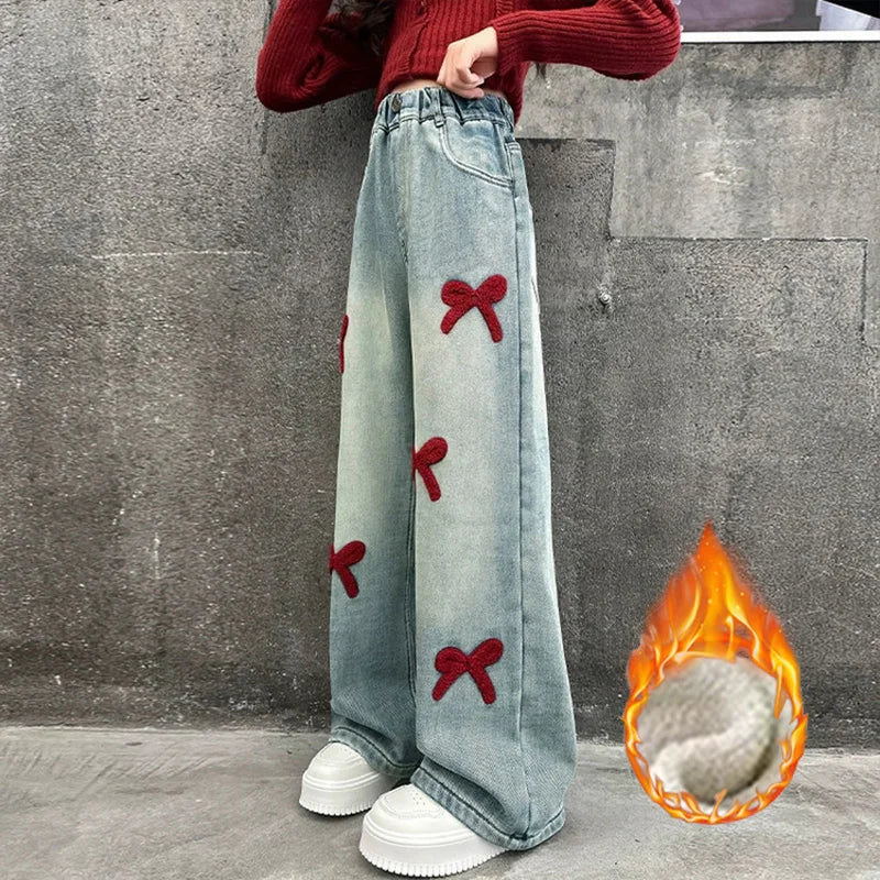 Girls Autumn Winter Plush Warm Denim Straight-leg Pants 5-14 Years Kids Fashion Bowknot Embroidery Jeans Casual Loose Sweatpants ATFH