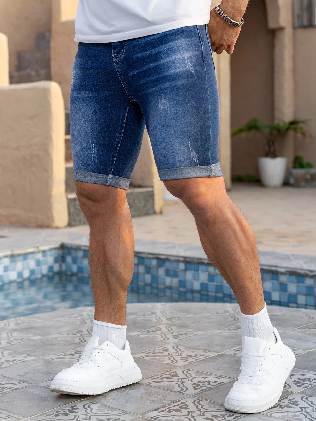 Men Denim Jeans Pants Clothing Trousers Shorts Men's Dark Wash Rolled Cuff Casual Denim Shorts ATFH