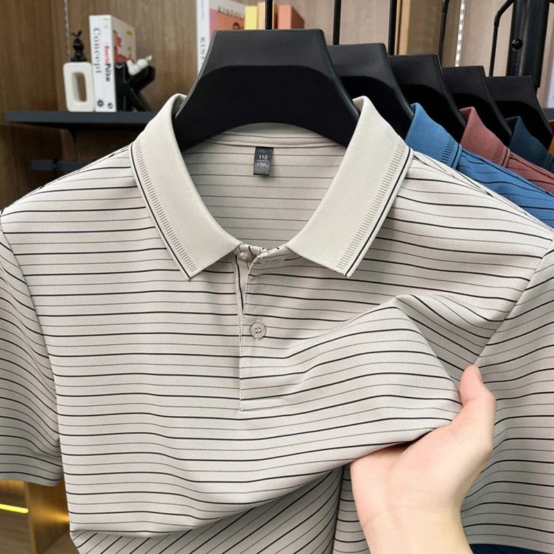 Personalized striped short sleeve polo shirt men's fashion summer new breathable comfort high-quality business casual T-shirt