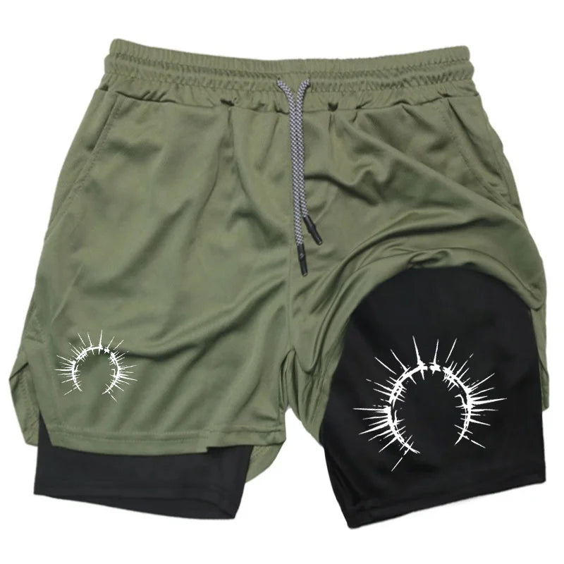 Men's 2-in-1 Shorts Training Fitness Phone Pocket Breathable Quick-Dry Summer Men Shorts Abstract Print