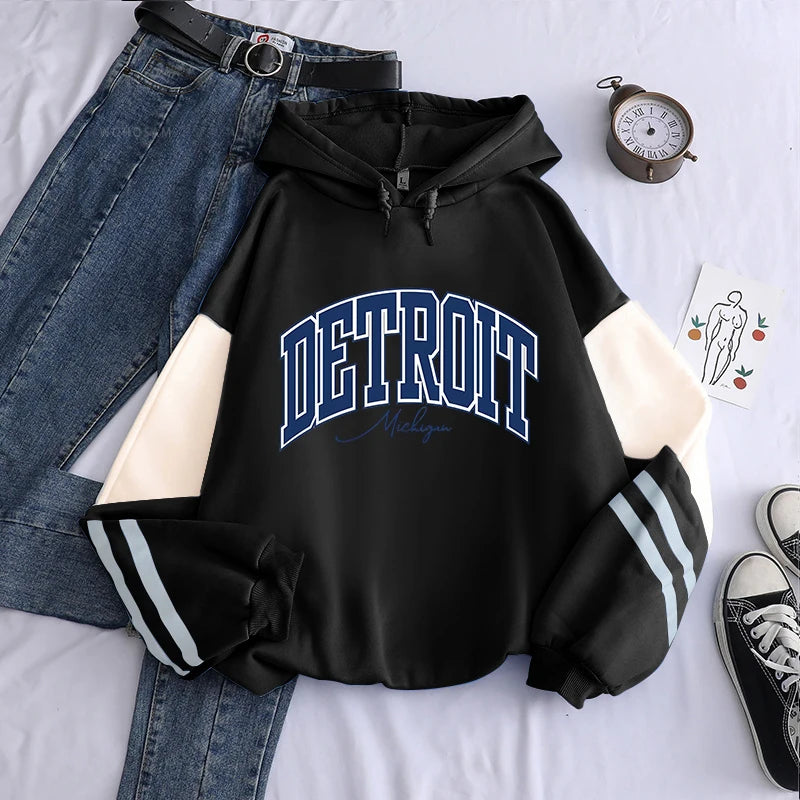 American Retro DETROIT Letter Print Hoodies For Men Women Harajuku Pullover Clothes Hip Hop Y2k Long Sleeve Pullover Sweatshirts - ATFH