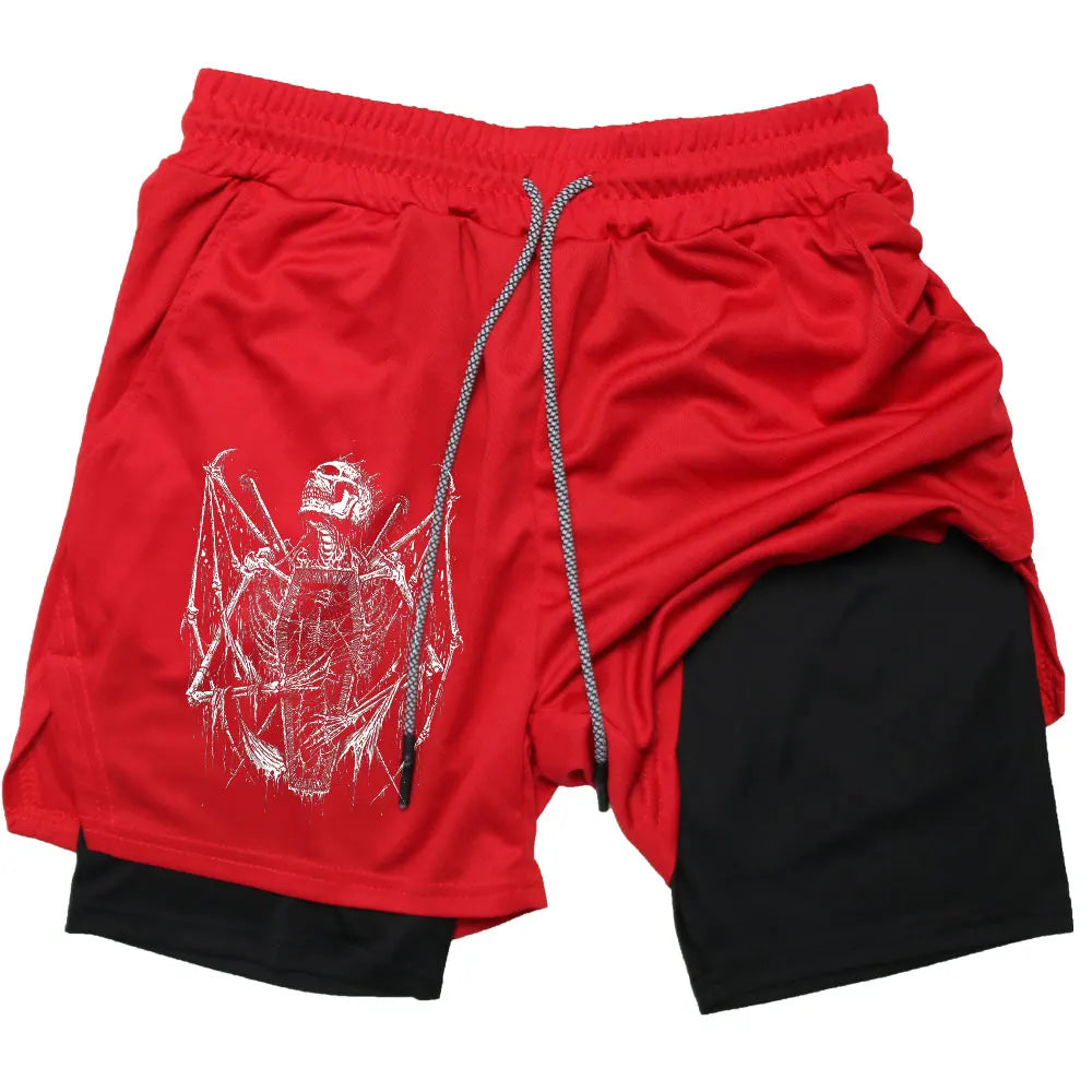 Shorts Men Quick-drying Fitness Skull Print Double Layer Shorts Workout Training Running Bodybuilding Sportwear