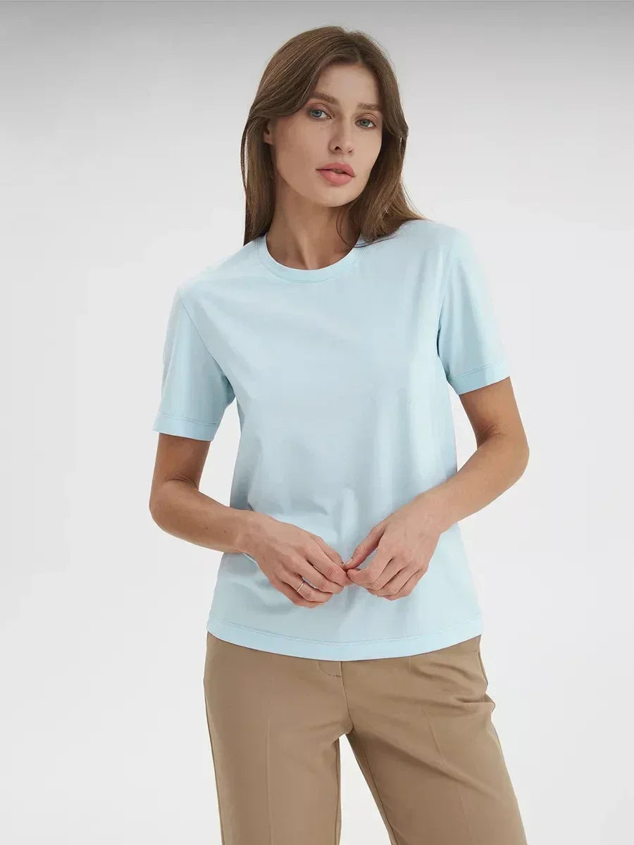 Sumuyoo Summer 100% Cotton Women's T-shirt Bottoming Basic Fashionable Lady Short Sleeve Loose Tops Shirts Solid 230g/㎡ Tops - ATFH