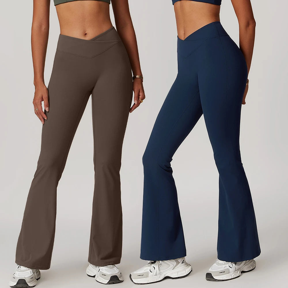 Gym Leggings Women High Waist Flared Pants Cross Waist Sport Tights Ladies Push Up Fitness Leggin Workout Clothes ATFH