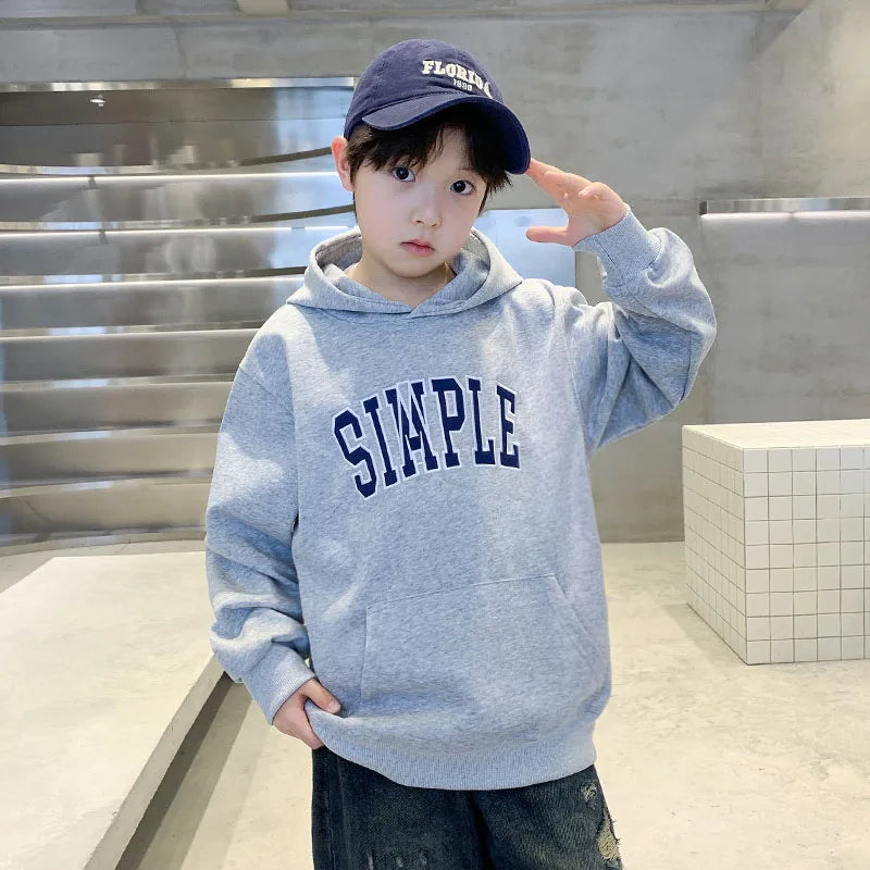 Children Retro Design Hoodie Letter Print Boy Casual Hooded Coat Streetwear Kids Teenager Autumn Harajuku Sweatshirt 7 To 16 Y - ATFH
