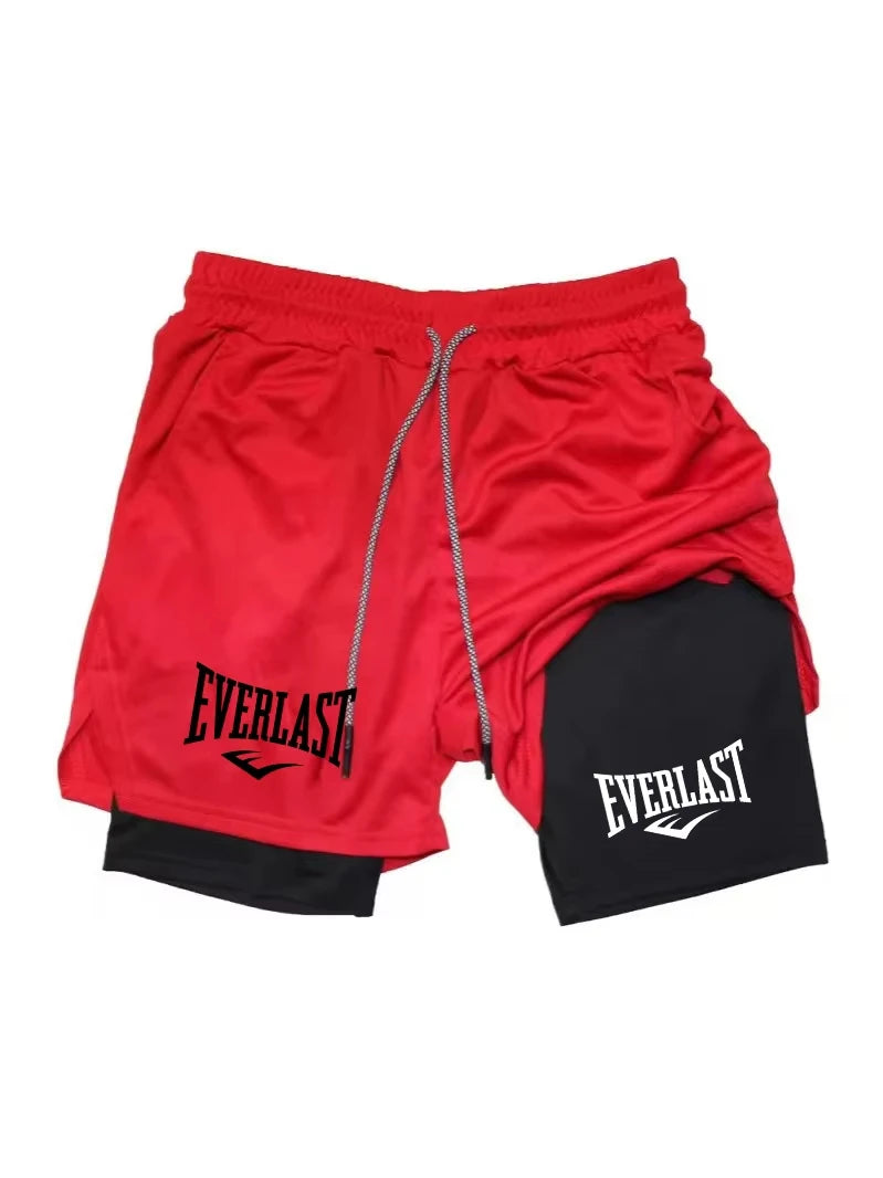 Men's Compression Sports Shorts Everlast Printed Sports Pants Double-Layer Quick-Dry Basketball Beach Muscle Fitness Pocket Towe