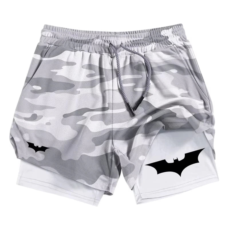 Men's Bat Print 2-in-1 Performance Shorts, Breathable Quick Drying Sports Shorts with Phone Pocket, Gym, Training, Running,