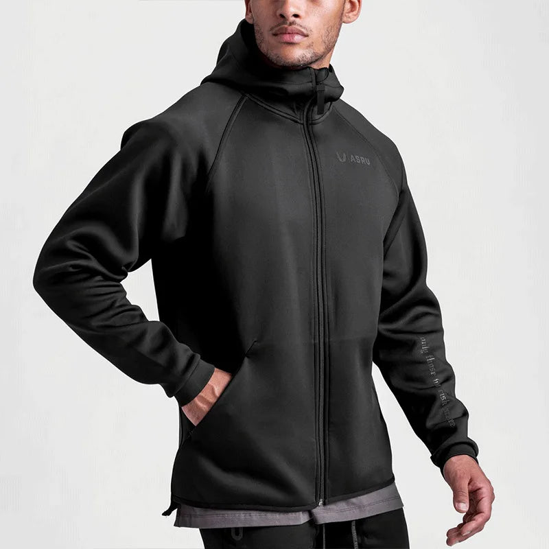 Men's Gym Sports Hoodies Cotton Elastic Hooded Male Fitness Running Loose Jackets Outdoor Zipper Coats Casual Workout Sportwear - ATFH