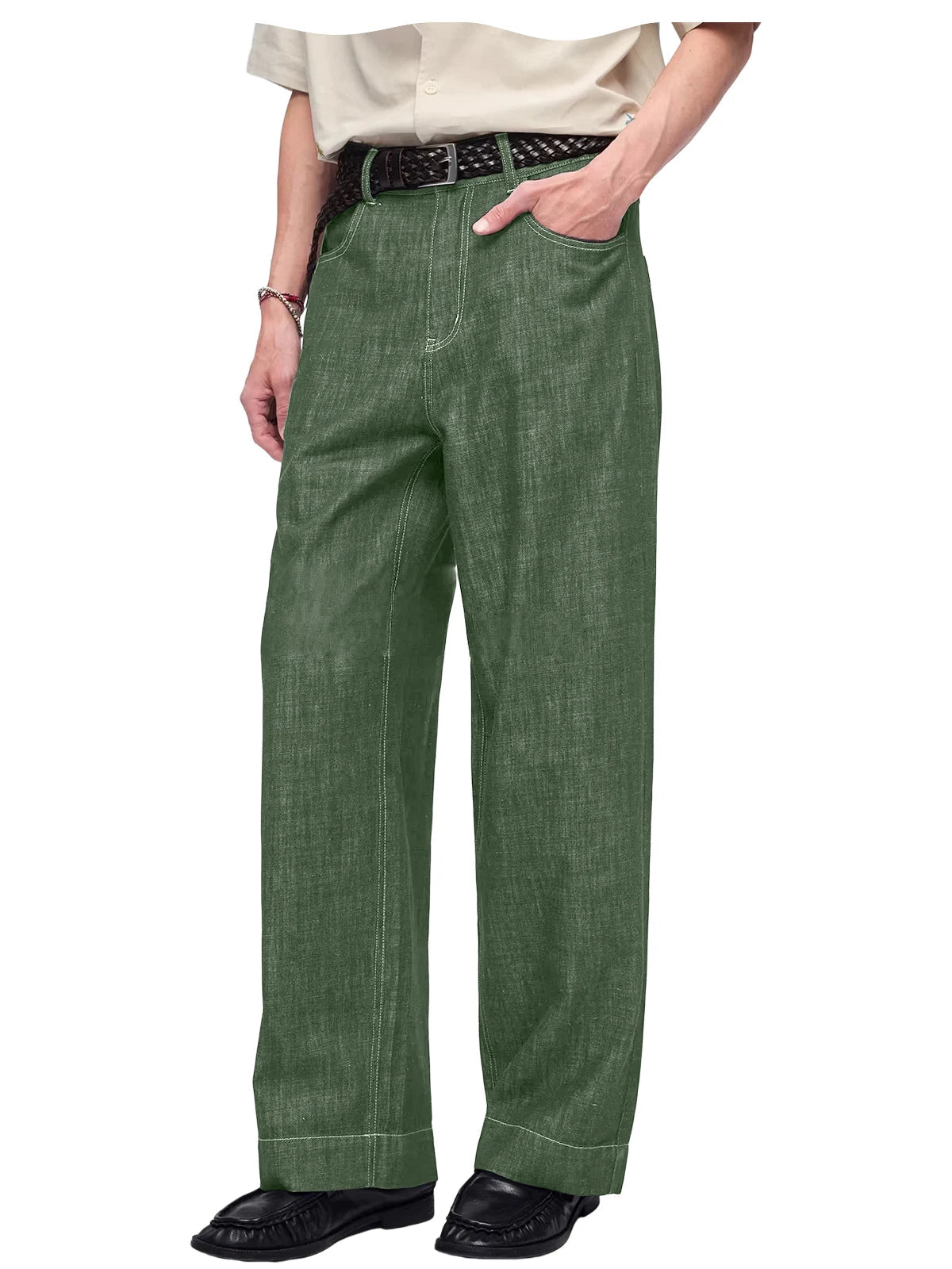 Retro Men's High Waist Wide Leg Jeans Loose Fit Denim Pants Breathable Casual Stretchy Heavyweight Cotton Y2K Baggy Trousers ATFH