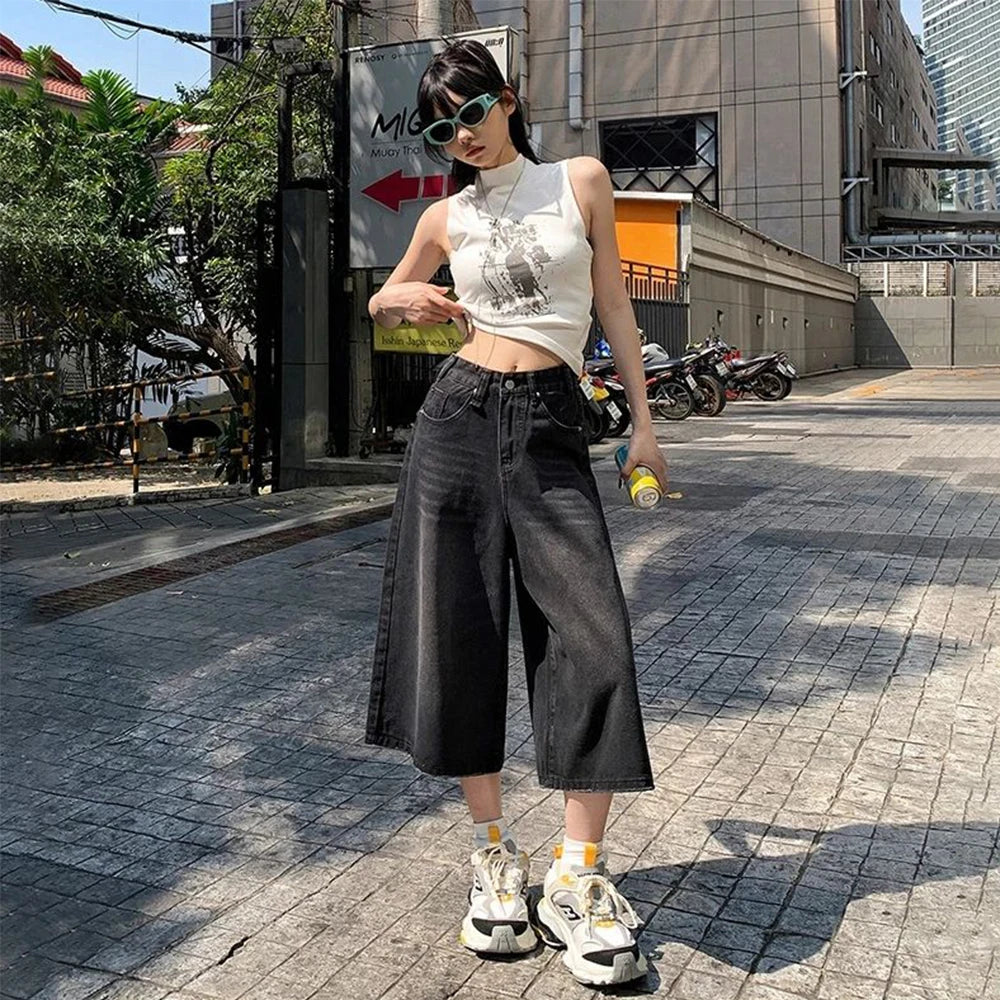 Summer American Style Vintage Women Baggy Jeans Y2k Loose Washed High Waist Knee Length Denim Pants Streetwear Wide Leg Shorts ATFH