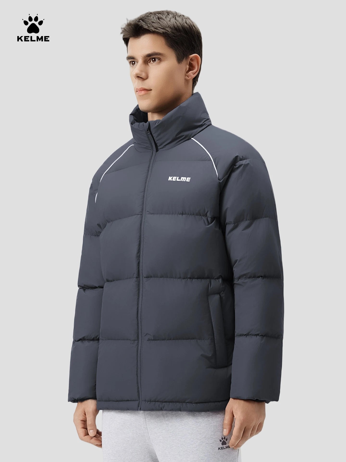 Kelme Men's Warm Cotton Jacket, Casual Stand Collar Loose Fitting Bread Jacket, Outdoor Comprehensive Training Jacket