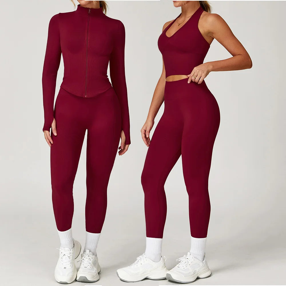 2/3/4PCS Yoga Set Gym Clothes Sportswear Seamless Yoga Suits For Women Fitness Long Sleeved Tracksuits Sports Bra Gym Leggings - ATFH
