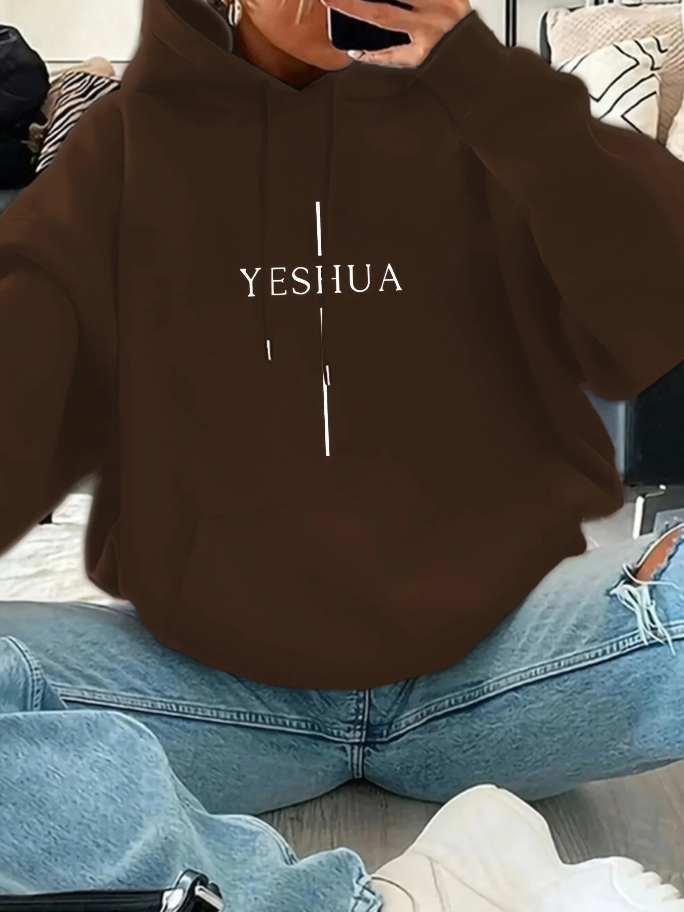 Women YESHUA Letter Print Hoodie Loose Casual Long Sleeve Hooded Sweatshirt Ladies Fashion Pullover Streetwear Tops