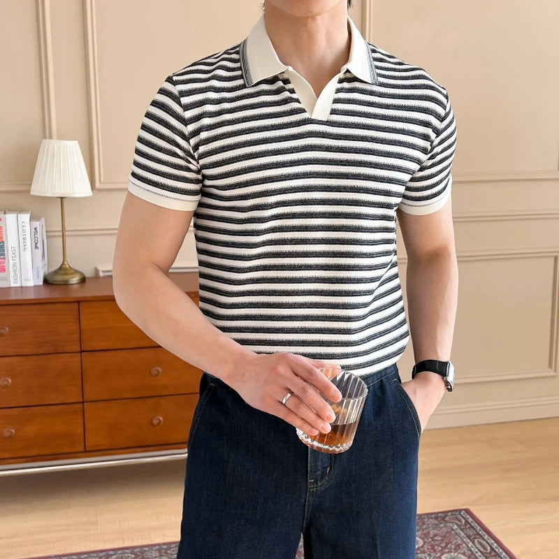 Men's Stripe Polo Shirt, Short Sleeve Breathable T-Shirt with Turn-Down Collar Retro Style Fit  Casual Business Wear 57%cotton