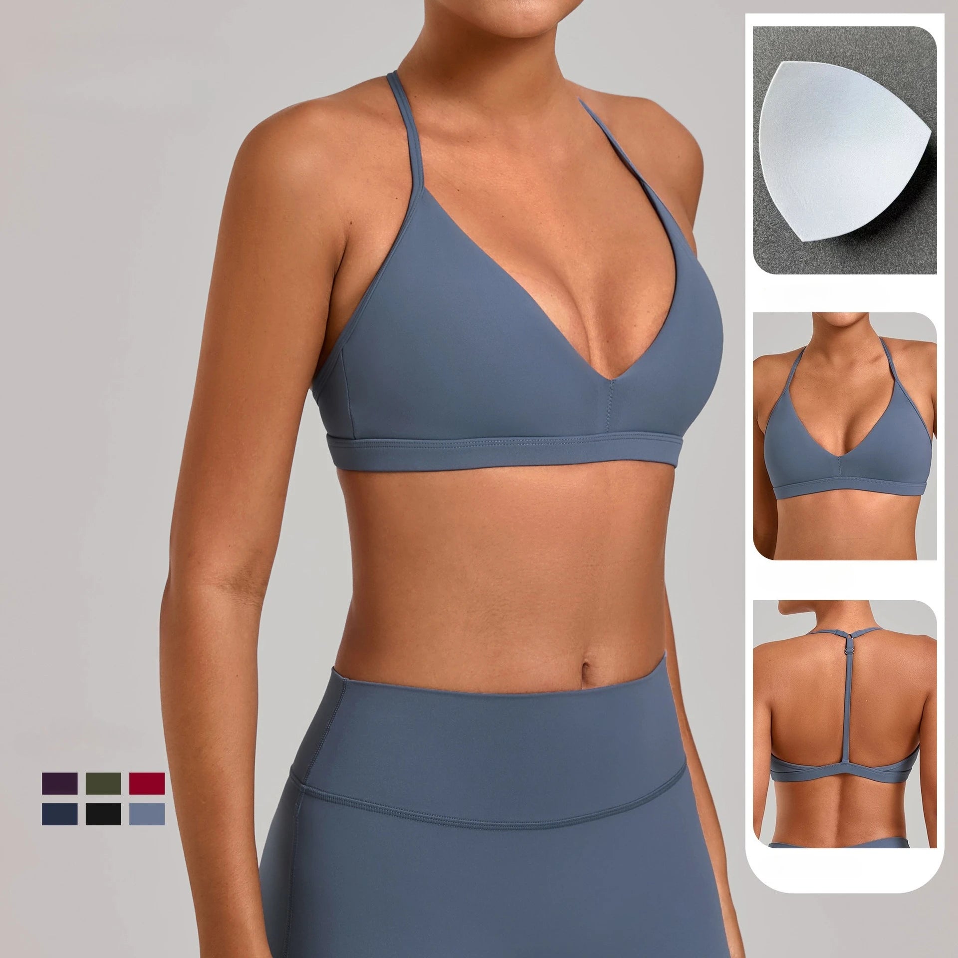 VEQKING Easy Lift Women Sports Bras Ultra Minimal Yoga Crop Tops V Neck Gym Fitness Bras Adjustable Straps Padded Workout Tops - ATFH
