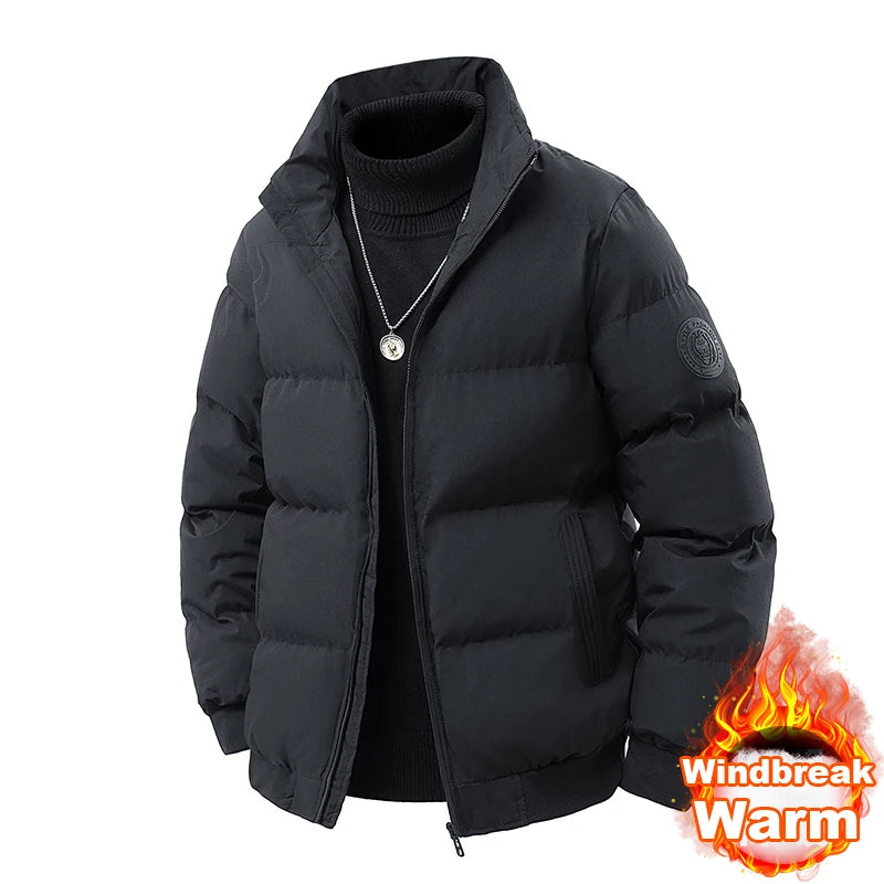 Winter Men's Stand Up Collar Zipper Parkas Thick Cotton Coats Solid Color Street Fashion Style Business Casual Jacket Plus Size