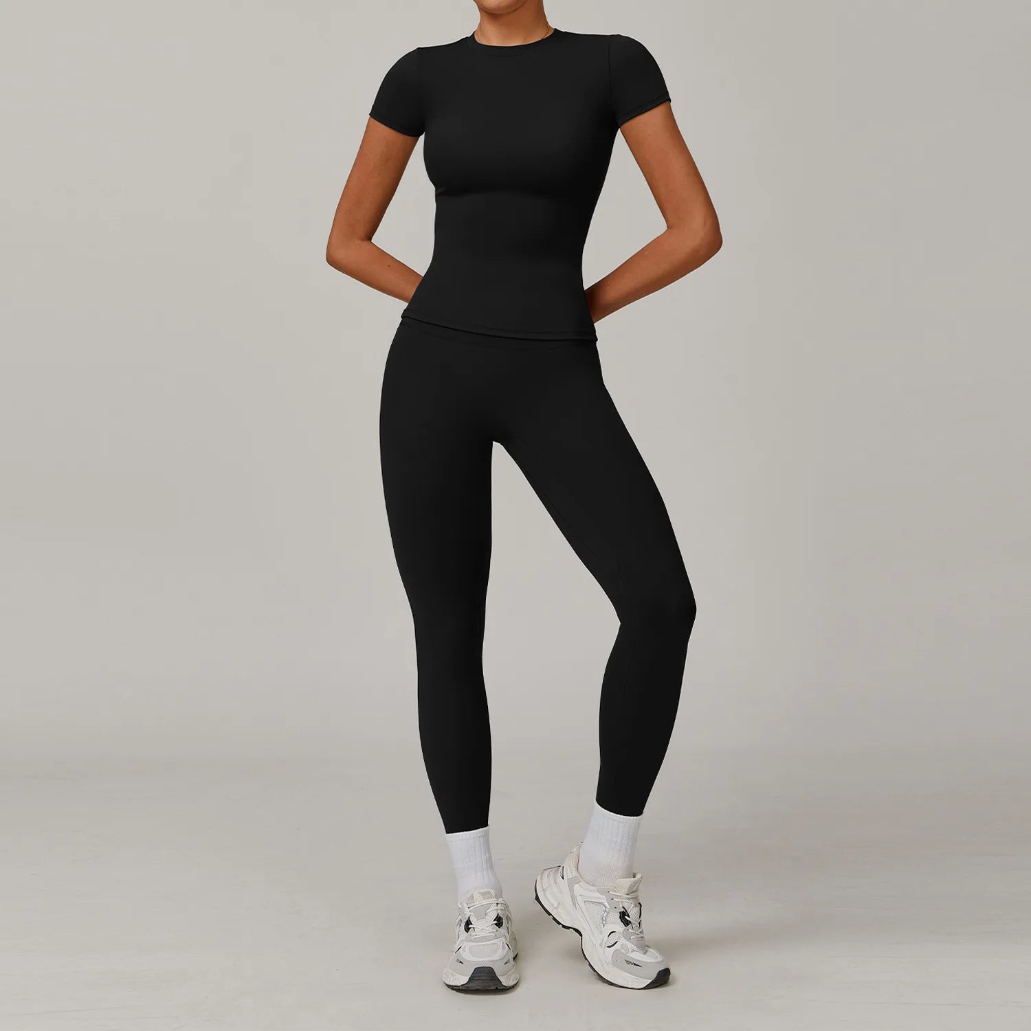 Women  Yoga Set 2PCS Workout Set Sportswear Gym Clothing Fitness Long Sleeve High Waist Leggings Cycling Shorts Sports Suits - ATFH