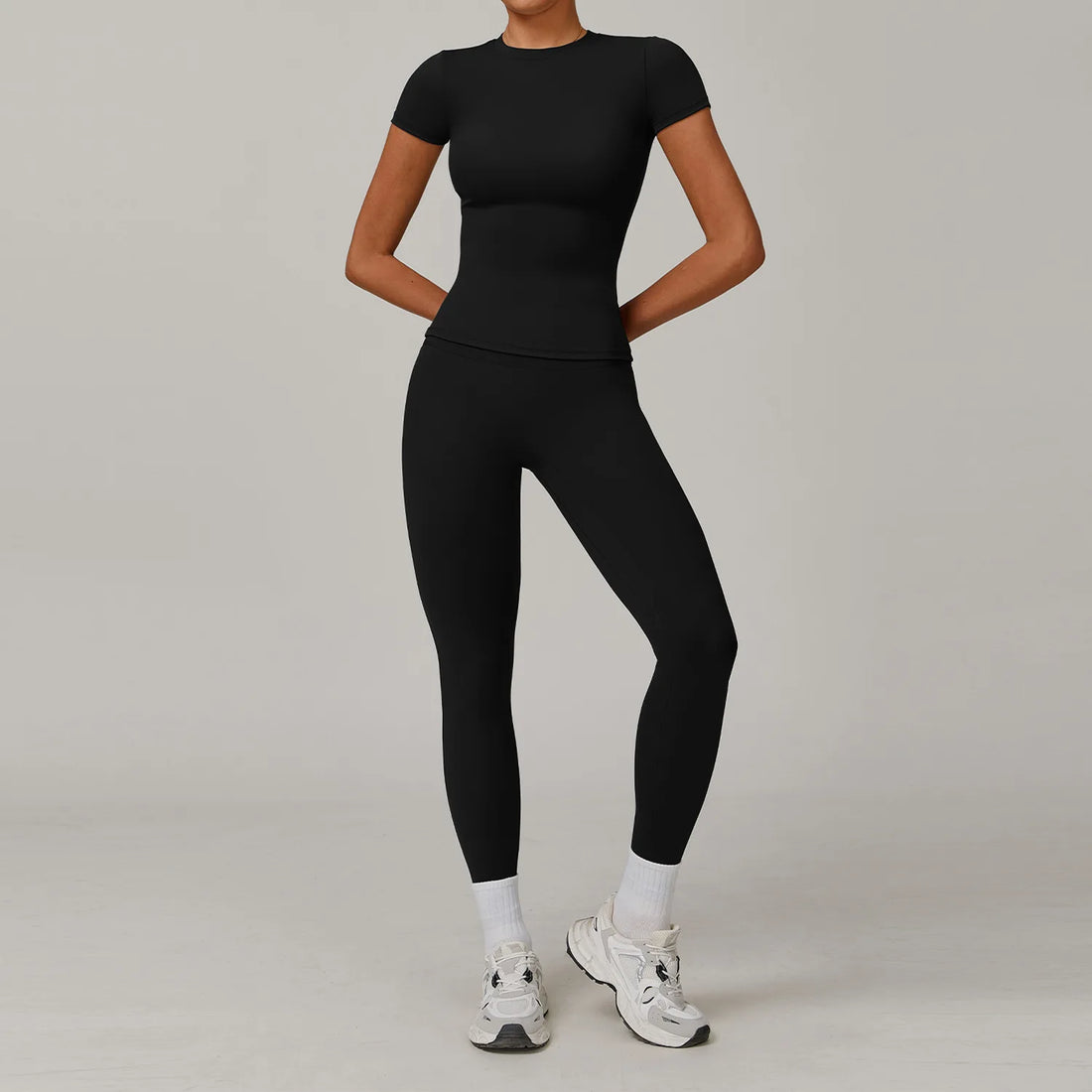 Women  Yoga Set 2PCS Workout Set Sportswear Gym Clothing Fitness Long Sleeve High Waist Leggings Cycling Shorts Sports Suits - ATFH