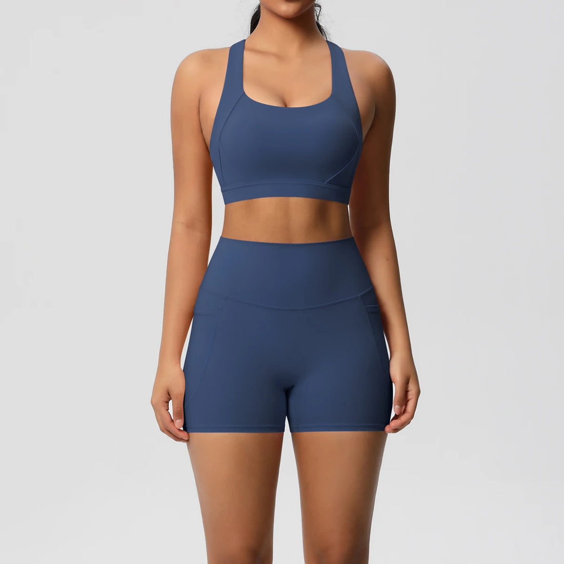 2PCS Sportswear With Pocketed Yoga Set Gym Clothes Yoga Suits For Women Tracksuits Sports Shorts Crossover Bra Gym Leggings - ATFH