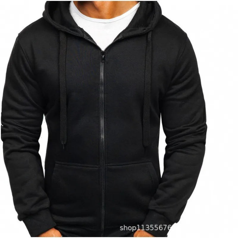Men's Solid Color Hooded Hoodie Zip Up Cardigan Sweatshirt Casual Streetwear Tracksuit for Spring Autumn Male - ATFH
