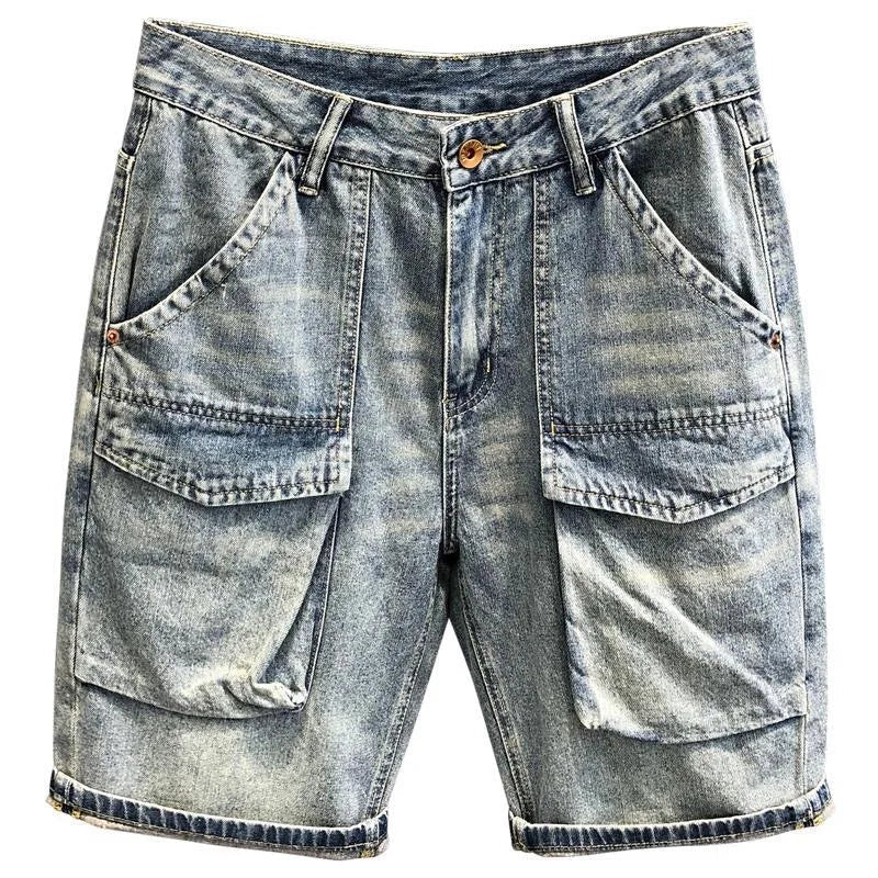 Summer New Fashion Solid Color American Retro Straight Leg Multi-Pocket Denim Shorts Men's Casual Loose Sports High-Grade Shorts ATFH