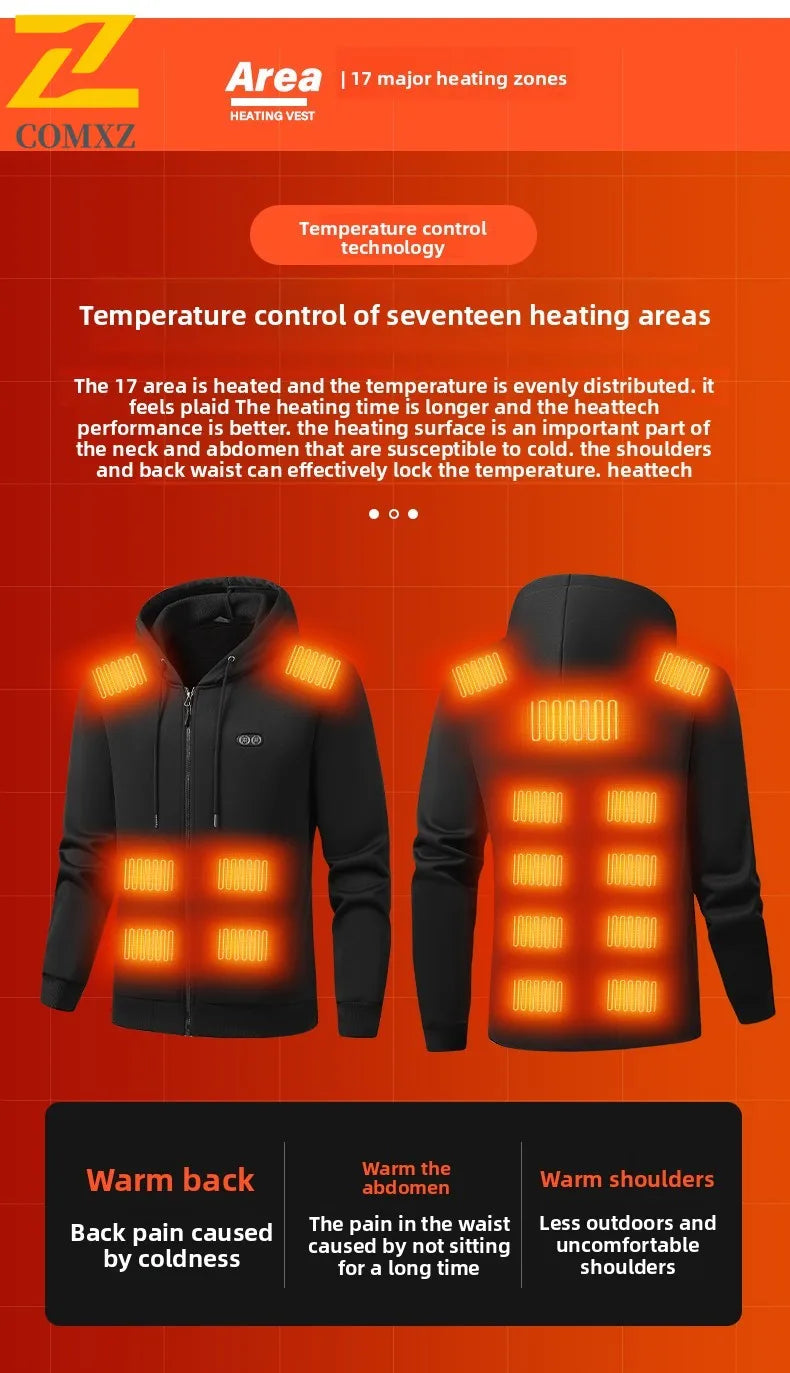 17 Zone Heating Hoodie 2025 New Men Hooded Hoodie Fleece Thick Anti Cold Warm USB Heating Hoodie Outdoor Sports Camping Jacket - ATFH