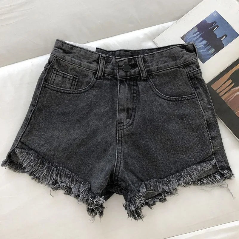 New Summer Women High Wiast Raw Hem Denim Shorts Soild White Black Blue Korean Wide Leg Pants Mon Shorts DURIKIES ATFH