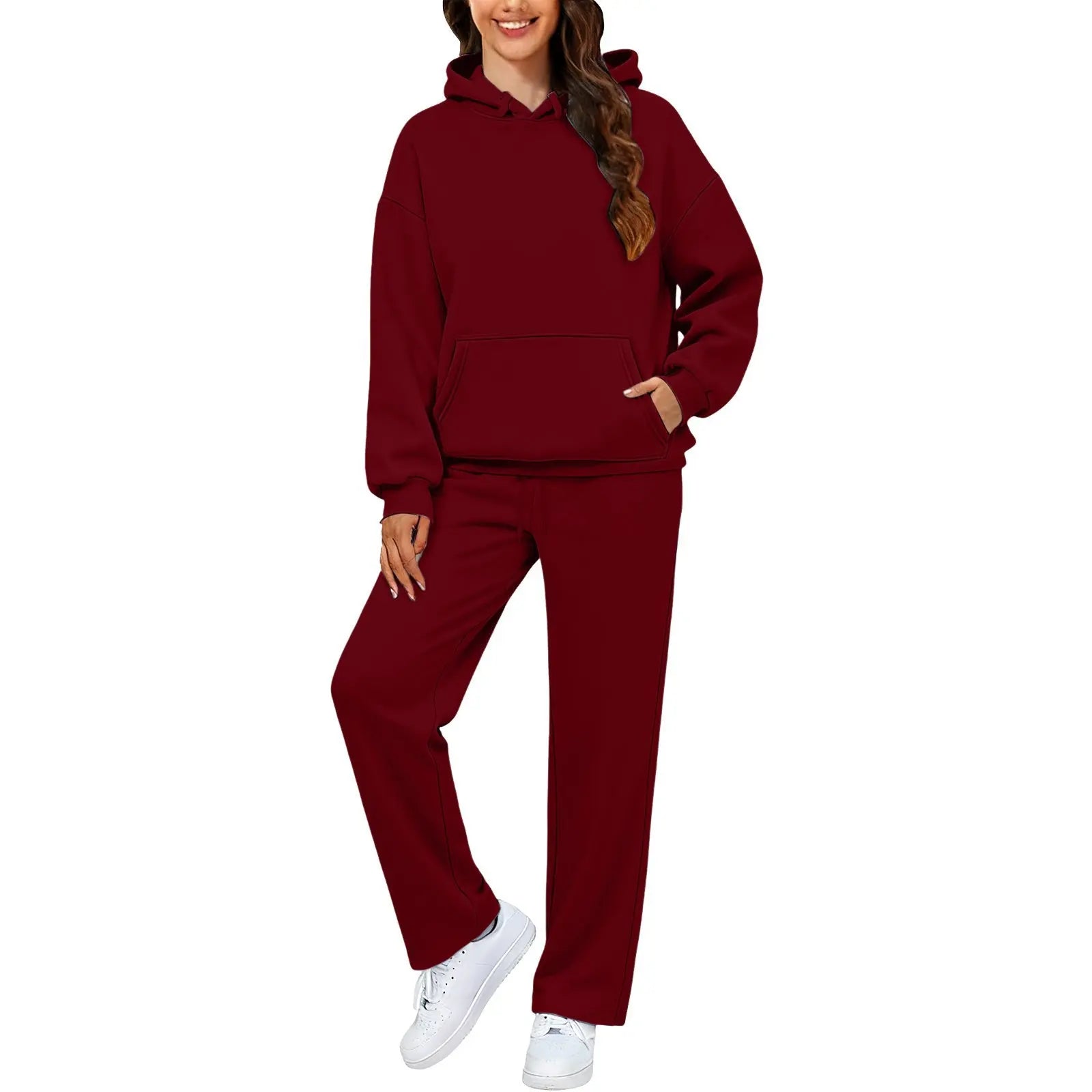 Autumn Winter Women Hoodie+Wide Leg Pants Two Pieces Casual Fleece Loose Long Sleeve Tracksuit Comfortable Sports Women Suit