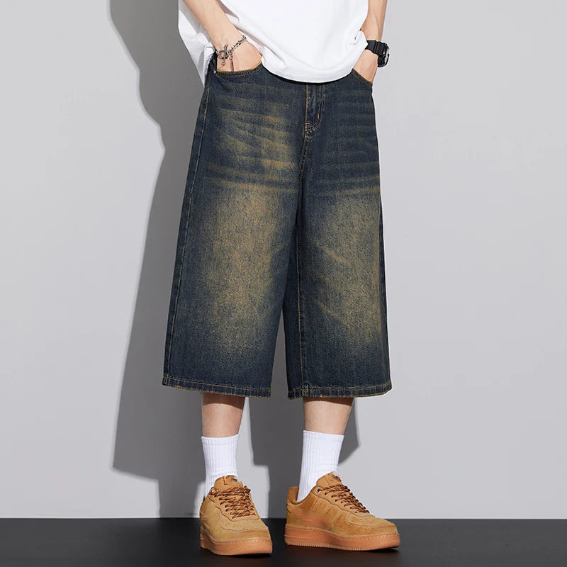 Men's Non-Elastic Denim Seven-Five Shorts Loose Wide Leg Fit Versatile Simple Style Casual Shorts ATFH