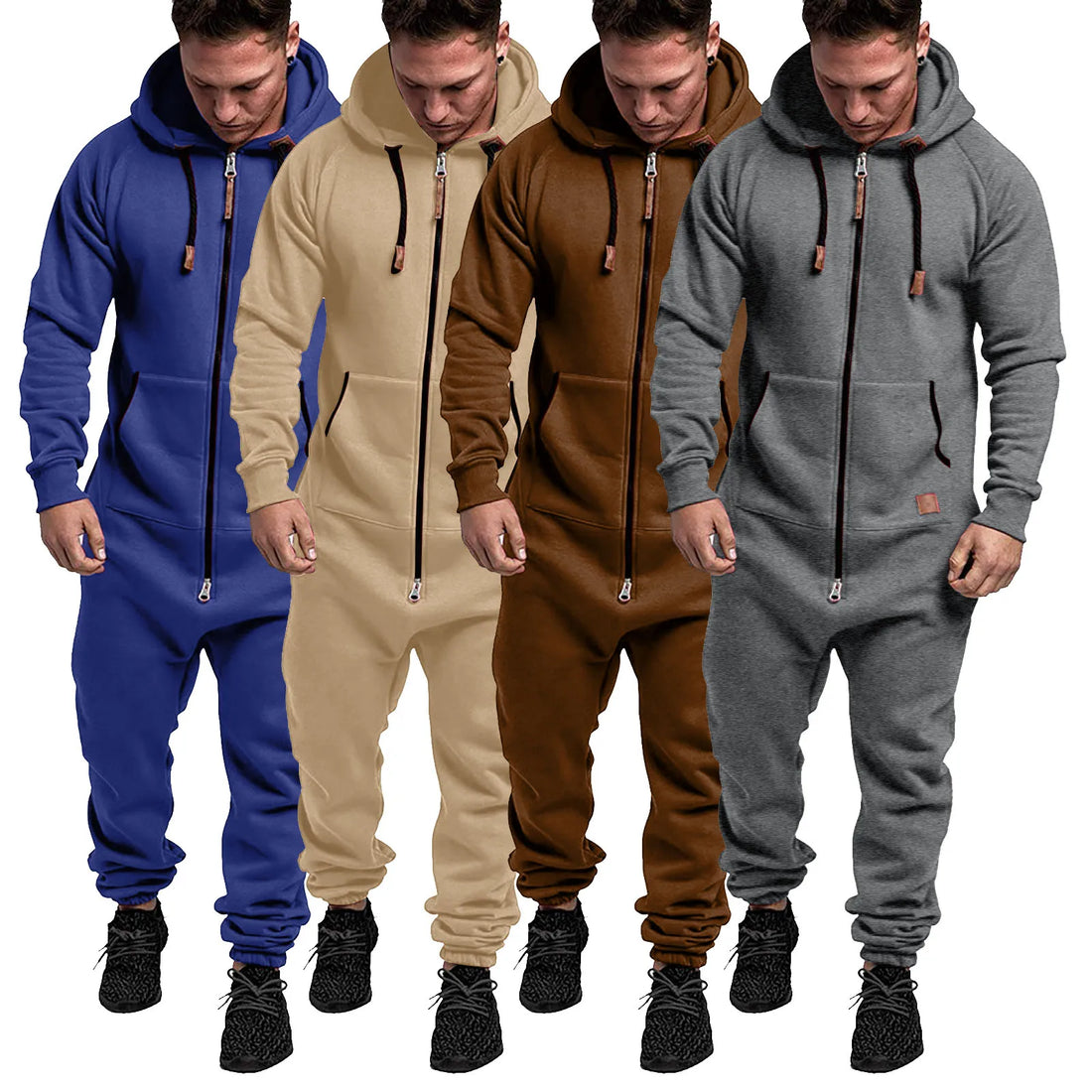 New Custom Design Jumpsuit Pajamas Long-sleeved sports pants solid color splicing casual sweater men's zipper hoodie - ATFH