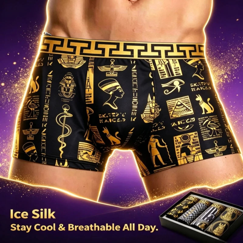 Mens Egyptian Gold Black Boxer Briefs Luxury Greek Key Pattern Party Rave Outfit Underwear for Trendsetters Cool Festival Shorts