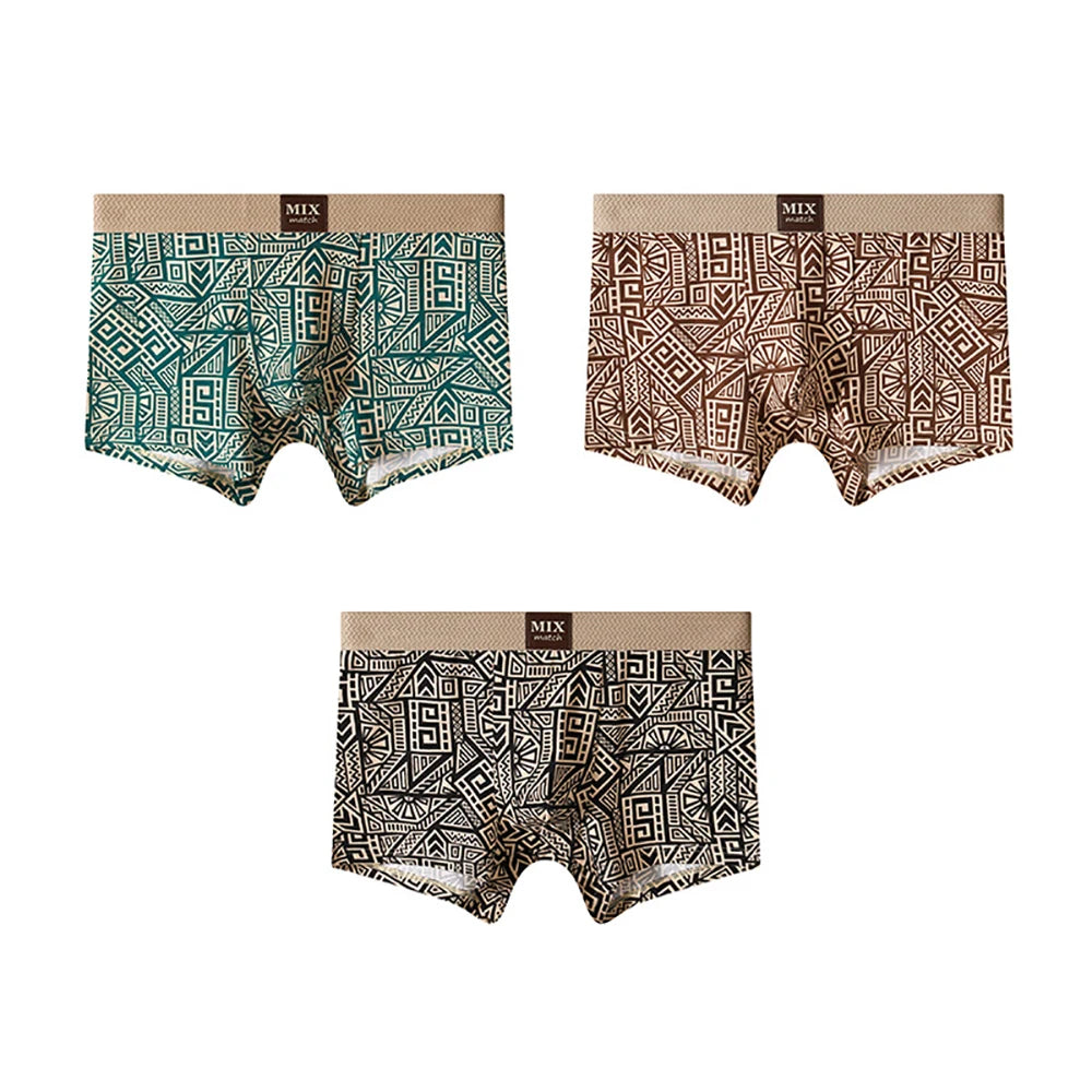 3PCS/Pack Soft 100% Cotton Vintage Print Men's Underpants Breathable Comfort Mesh Crotch Boxer Men High Elastic Waist Panties