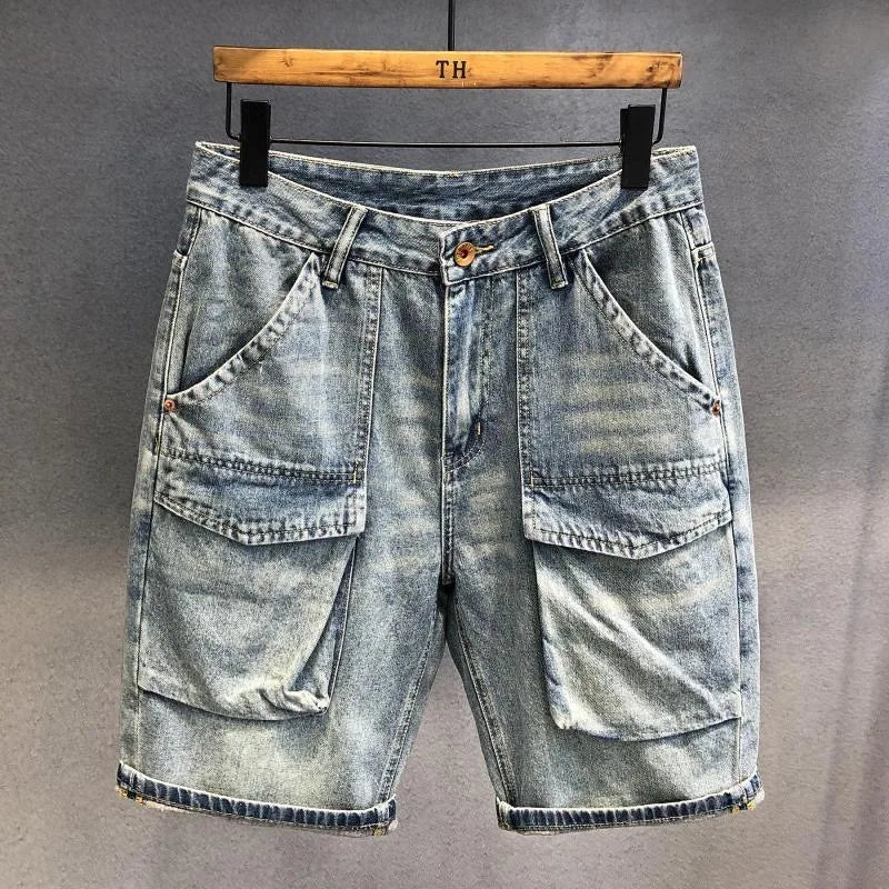 Summer New Fashion Solid Color American Retro Straight Leg Multi-Pocket Denim Shorts Men's Casual Loose Sports High-Grade Shorts ATFH