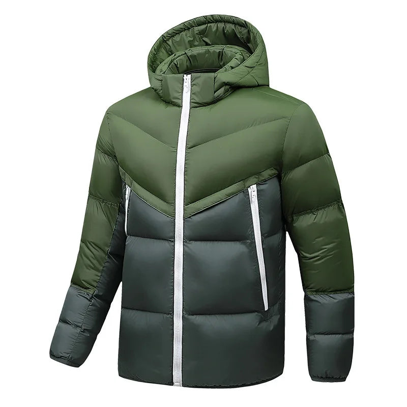 KIDWHXR Man Hooded Parkas Coat Fshion Contrast Color Male Jacket Thicken Warm Slim Long Sleeve Lightweight Men Casual Outerwear