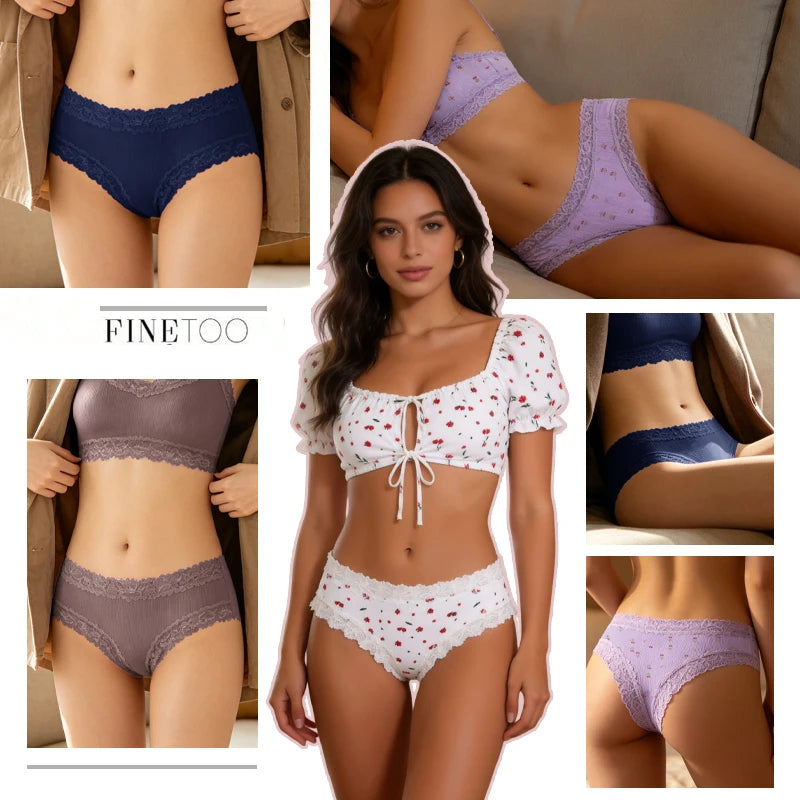 3Pcs Cotton Lace Patchwork Bikini Panties Women Seamless Floral Print Brazilian Pants Low Waist Breathable Female Sexy Lingerie