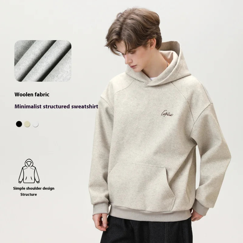 【Mirrordust】Autumn Loose Versatile Letter Embroidery Hooded Sweatshirt for Men American Street Style Casual Solid Color Hoodie - ATFH