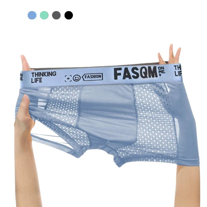 1pc Men's Ice Silk Cool Soft Comfy Boxers Briefs Men's Contrast Underwear, Mesh Breathable Comfy Stretchy Trunks