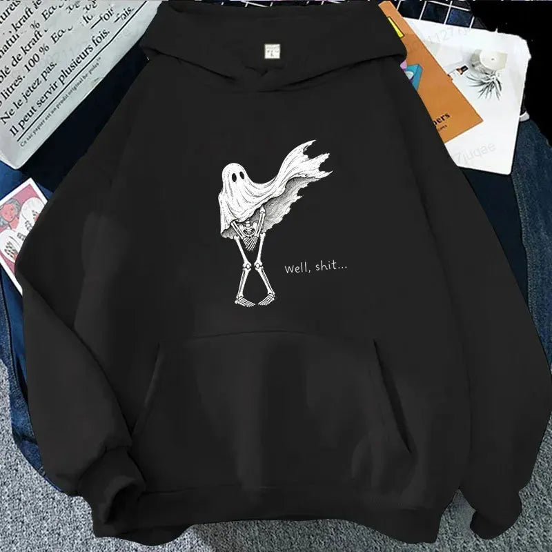 Funny Skeleton Ghost Women Hoodie Well Shit Graphic Hooded Sweatshirt Streetwear Punk Gothic Halloween Spooky Season Hoodie Gift