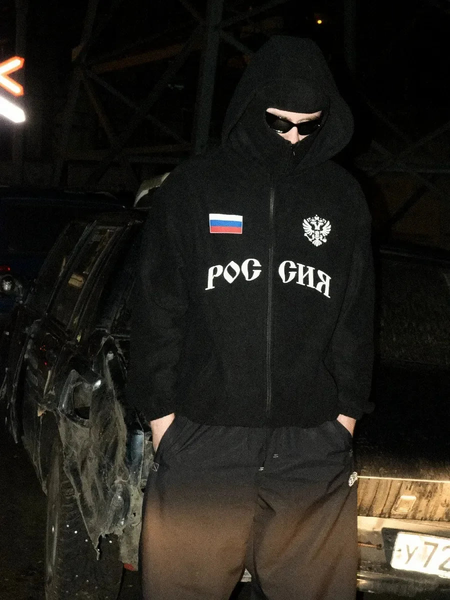 Hip Hop Face Cover Hoodie Unisex Loose Black Zip Up Sweatshirt Eagle Flag Printed Design