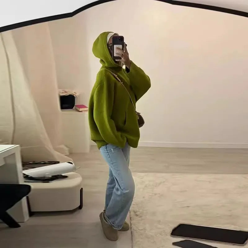 Casual Hooded Knitted Women's Sweater Solid Color Loose Full Sleeve Pocket Lady Pullover 2025 Autumn Winter New Female Top - ATFH