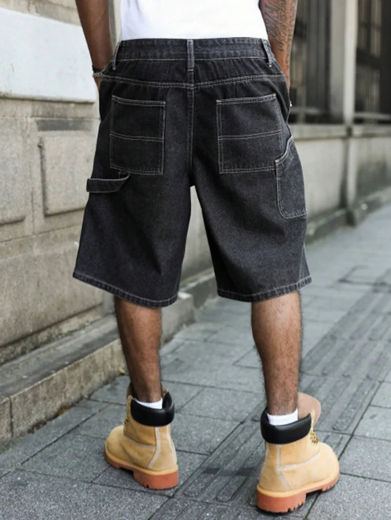 Men's Summer Black-Grey Loose Baggy Denim Shorts ATFH