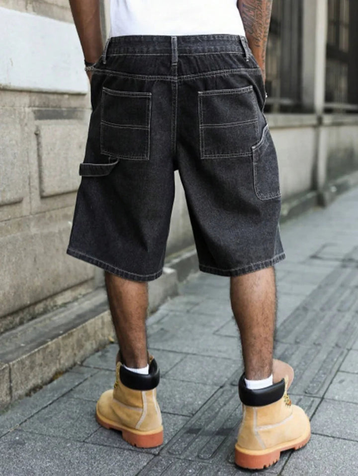 Men's Summer Black-Grey Loose Baggy Denim Shorts ATFH