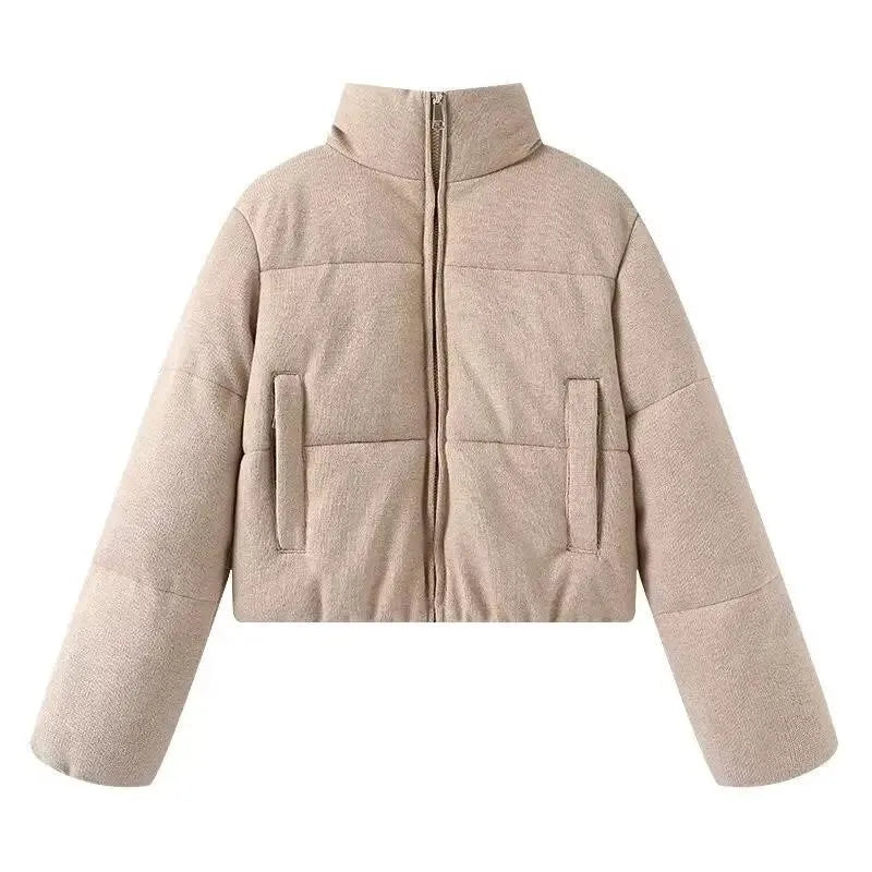Fashion Knitted Cotton Jacket Coat Women Autumn Winter 2025 New Chic Thicken Warm Long Sleeved Stand Collar Zipper Short Coats ATFH