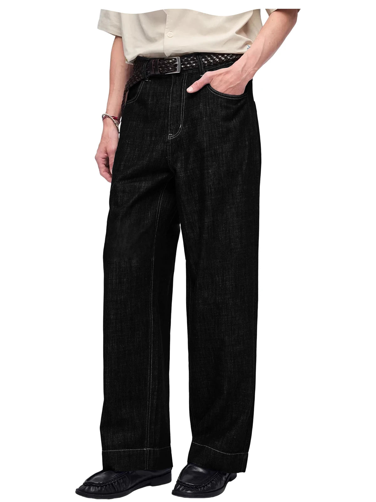 Retro Men's High Waist Wide Leg Jeans Loose Fit Denim Pants Breathable Casual Stretchy Heavyweight Cotton Y2K Baggy Trousers ATFH